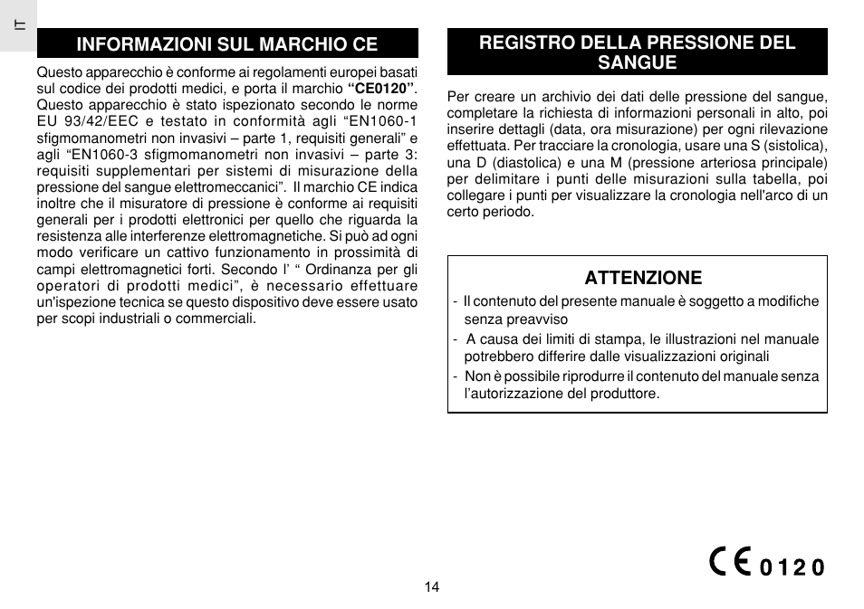 Informazioni sul marchio ce, Registro della pressione del sangue, Attenzione | Oregon Scientific BPW120 User Manual | Page 74 / 121