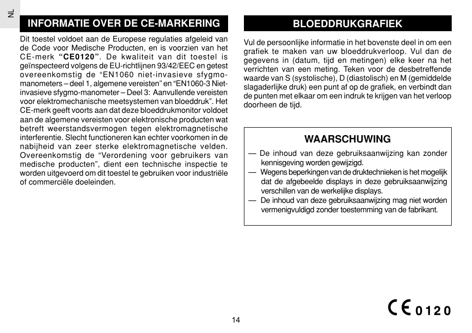 Informatie over de ce-markering, Bloeddrukgrafiek, Waarschuwing | Oregon Scientific BPW120 User Manual | Page 89 / 121