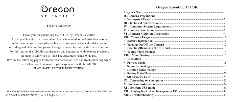 Oregon scientific atc3k, Dear customer | Oregon Scientific Action Cam ATC3K User Manual | Page 2 / 23