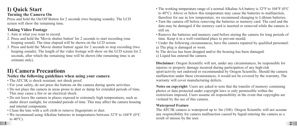 I) quick start, Ii) camera precautions | Oregon Scientific Action Cam ATC3K User Manual | Page 3 / 23
