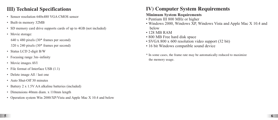 Iii ) technical specifications, Iv) computer system requirements | Oregon Scientific Action Cam ATC3K User Manual | Page 5 / 23