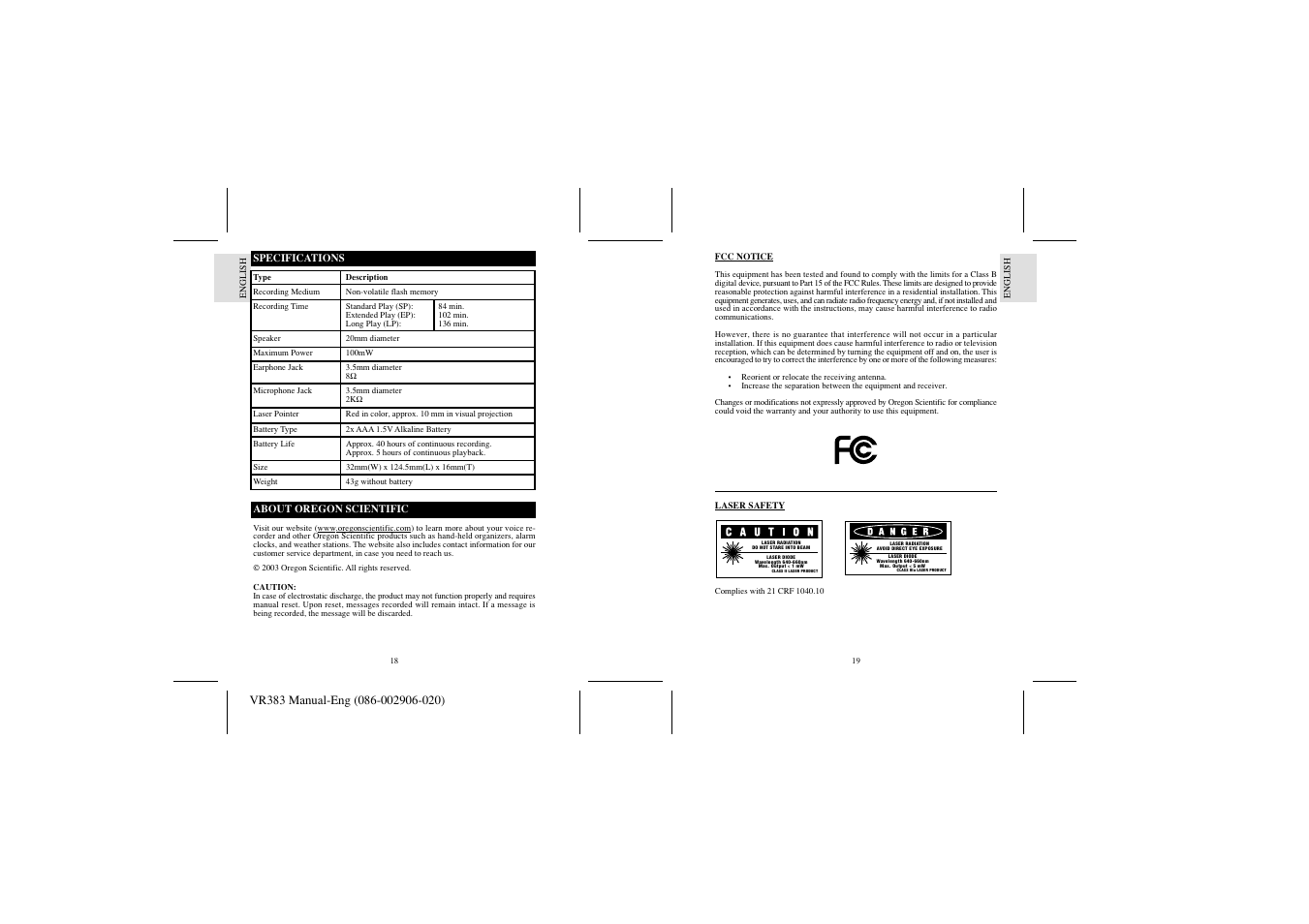 Oregon Scientific VR383 User Manual | Page 11 / 11