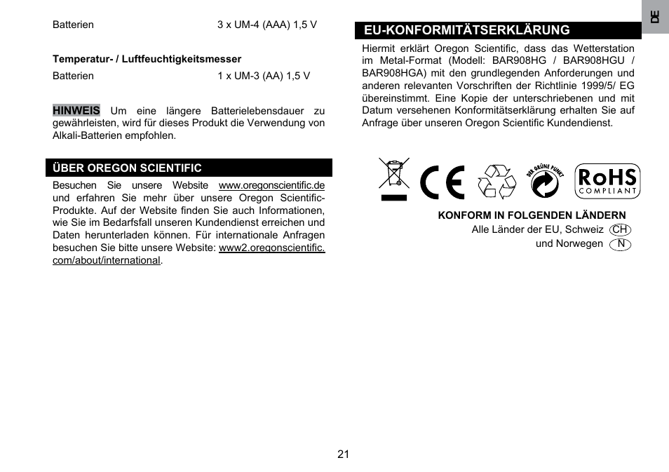 Eu-konformitätserklärung | Oregon Scientific BAR908HGA User Manual | Page 63 / 166