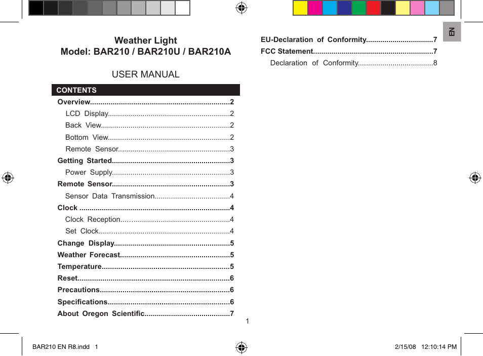 Oregon Scientific Weahter Light BAR210 User Manual | 8 pages