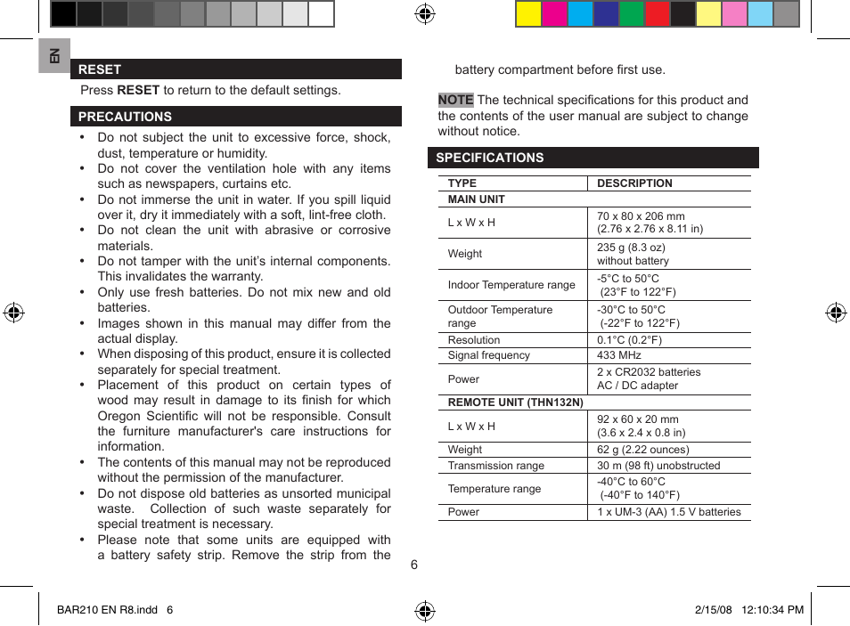 Oregon Scientific Weahter Light BAR210 User Manual | Page 6 / 8