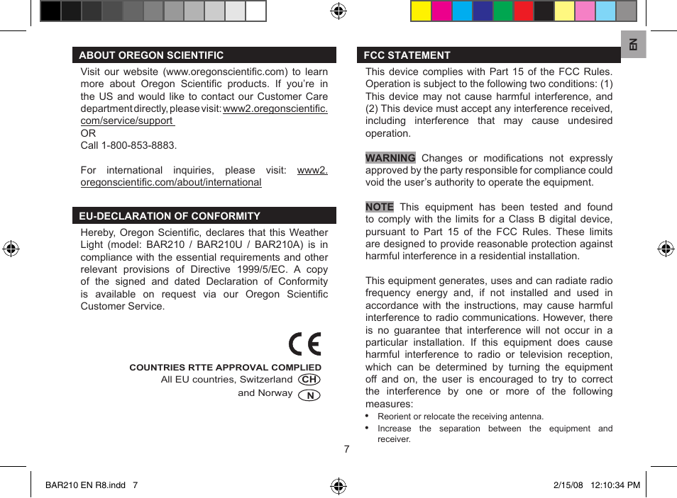 Oregon Scientific Weahter Light BAR210 User Manual | Page 7 / 8