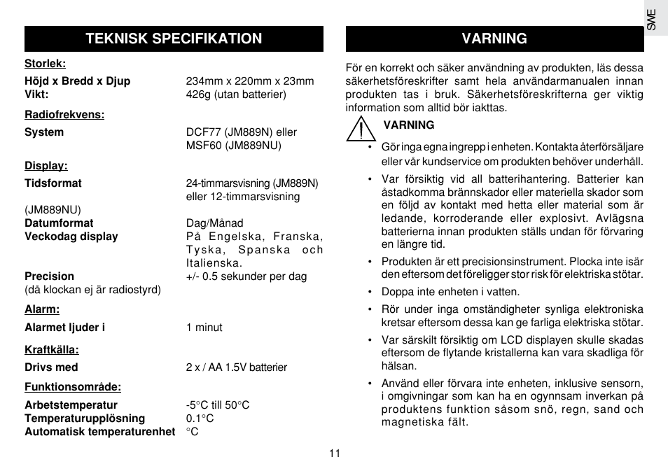 Teknisk specifikation, Varning | Oregon Scientific JM889N User Manual | Page 103 / 106