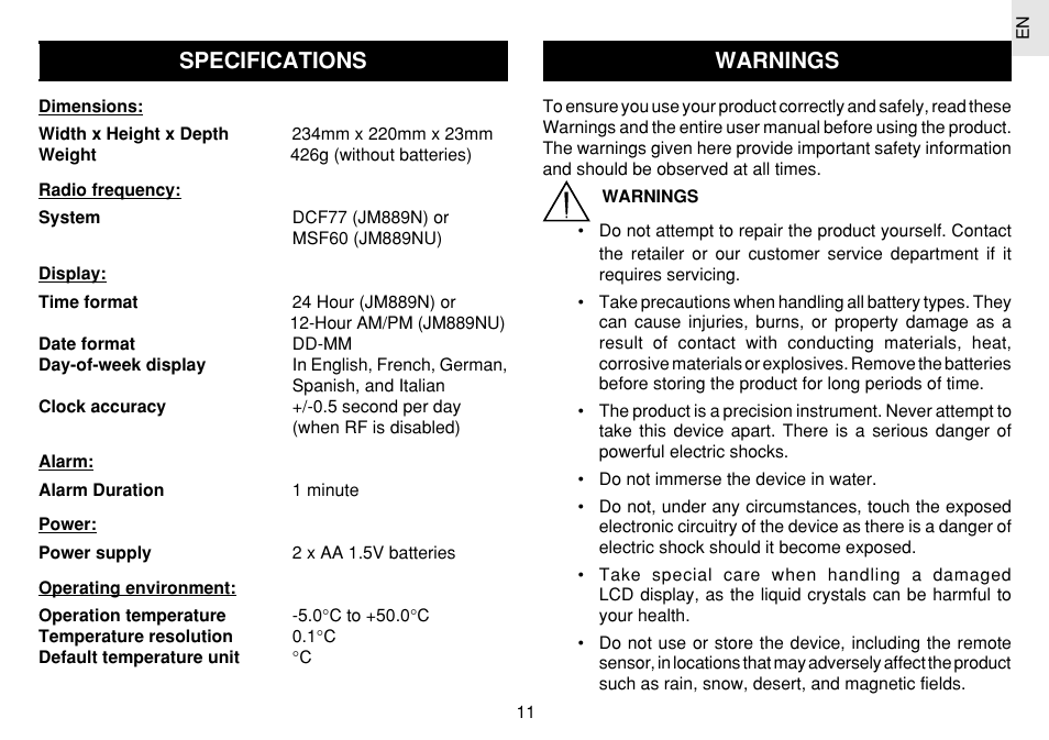 Specifications, Warnings | Oregon Scientific JM889N User Manual | Page 12 / 106