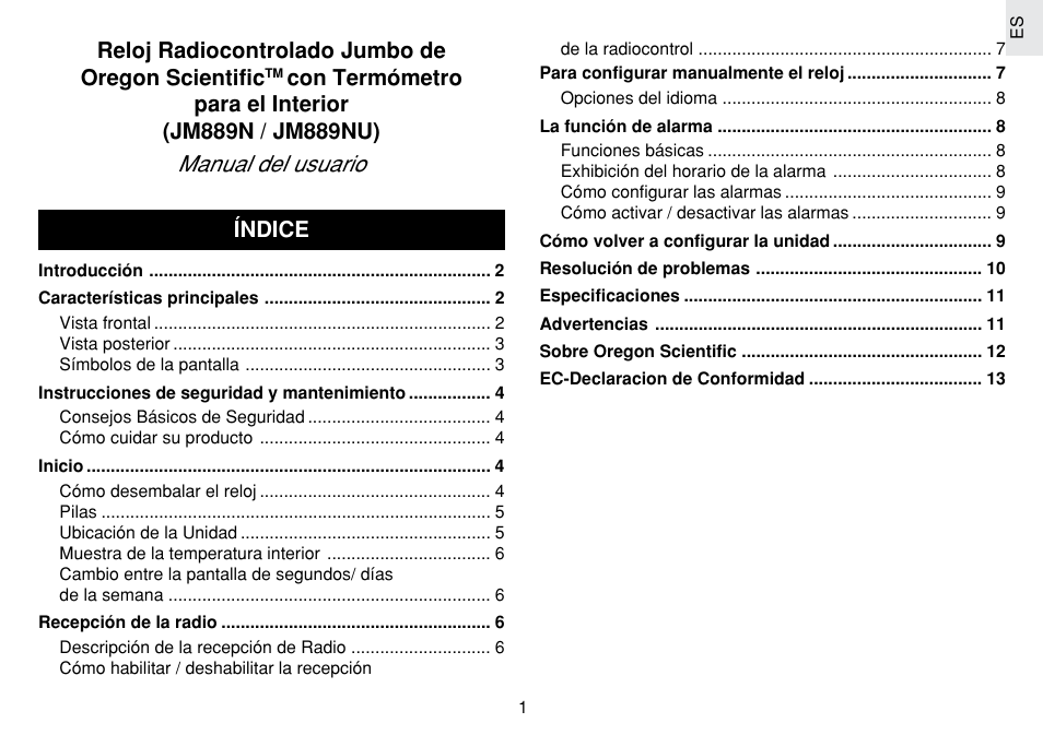 Manual del usuario, Reloj radiocontrolado jumbo de oregon scientific, Índice | Oregon Scientific JM889N User Manual | Page 15 / 106