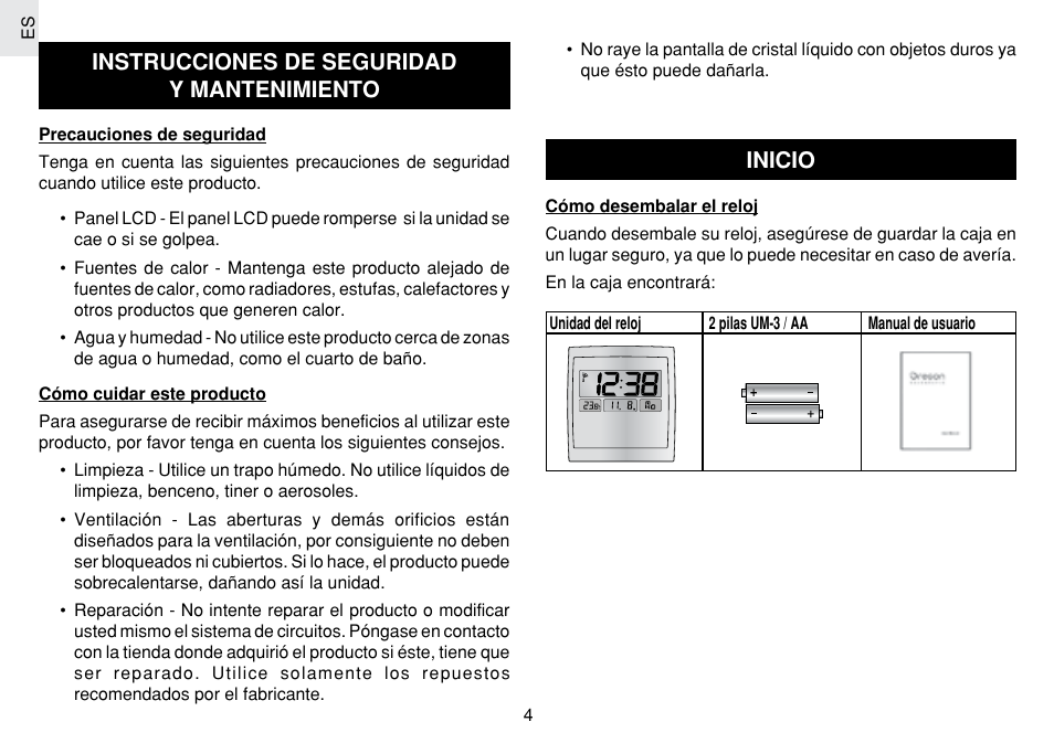 Instrucciones de seguridad y mantenimiento, Inicio | Oregon Scientific JM889N User Manual | Page 18 / 106