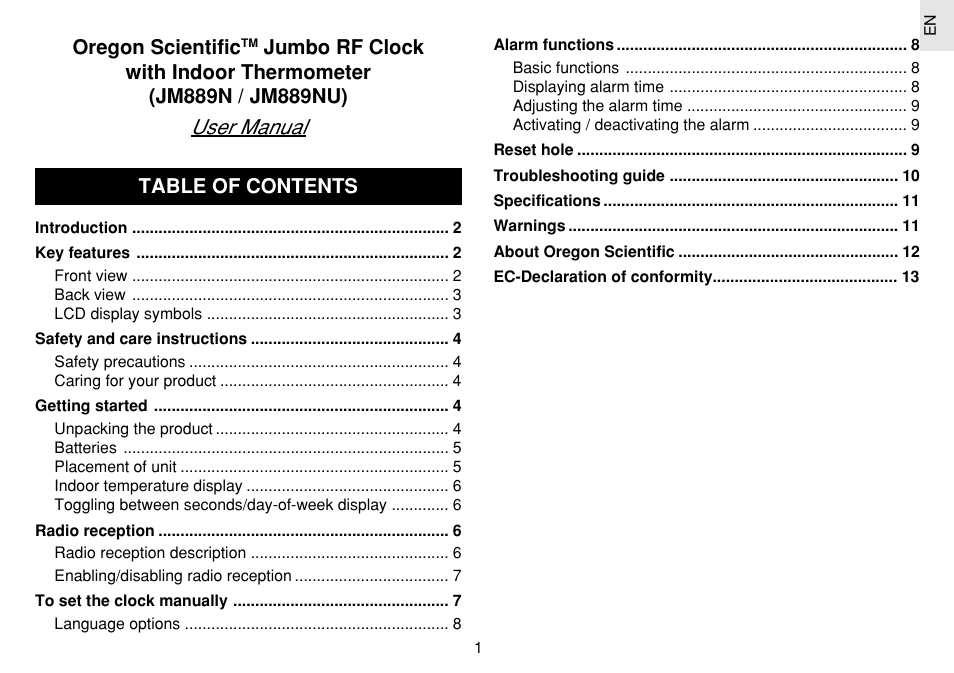 Oregon Scientific JM889N User Manual | Page 2 / 106