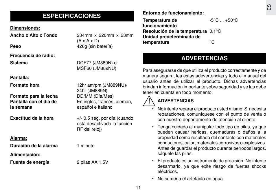 Especificaciones, Advertencias | Oregon Scientific JM889N User Manual | Page 25 / 106