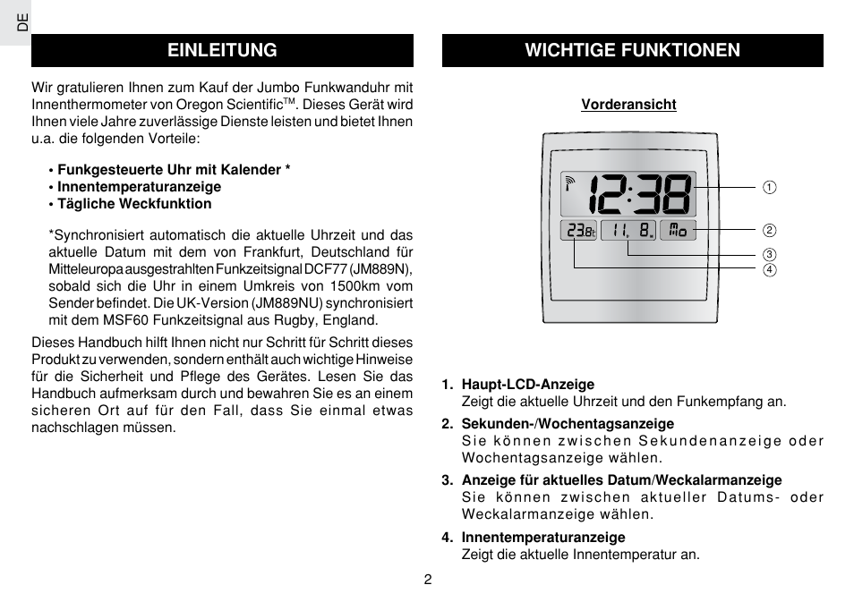 Einleitung, Wichtige funktionen | Oregon Scientific JM889N User Manual | Page 29 / 106