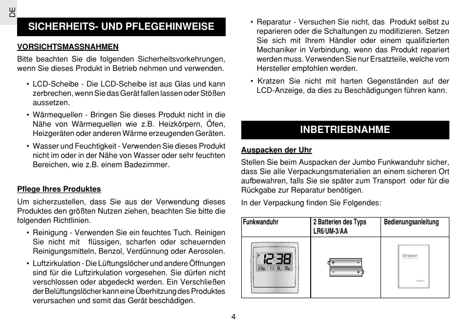 Sicherheits- und pflegehinweise, Inbetriebnahme | Oregon Scientific JM889N User Manual | Page 31 / 106