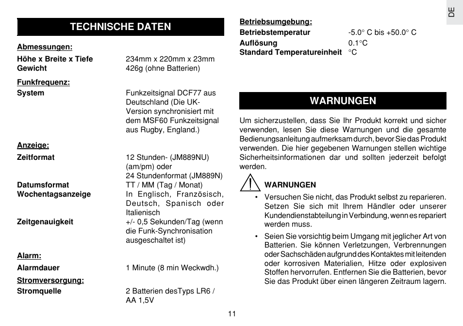 Technische daten, Warnungen | Oregon Scientific JM889N User Manual | Page 38 / 106