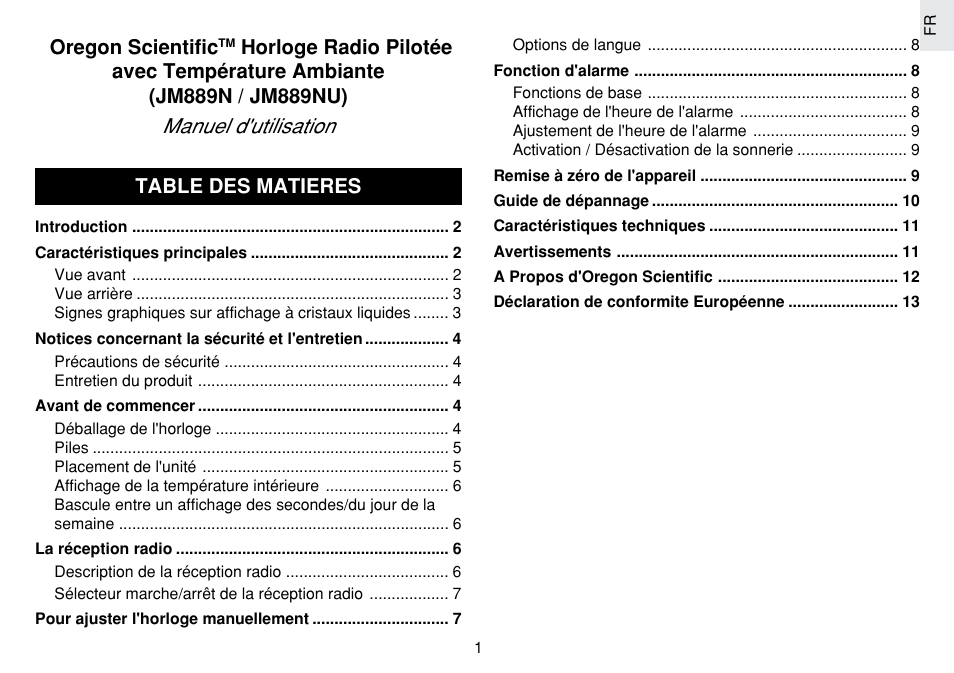 Manuel d'utilisation, Oregon scientific, Table des matieres | Oregon Scientific JM889N User Manual | Page 41 / 106
