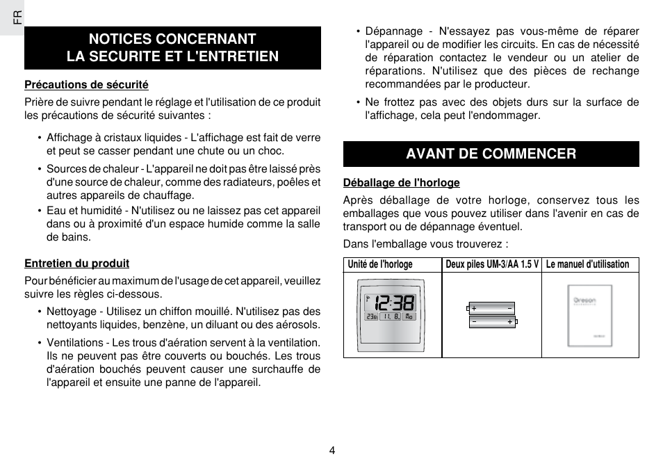 Notices concernant la securite et l'entretien, Avant de commencer | Oregon Scientific JM889N User Manual | Page 44 / 106