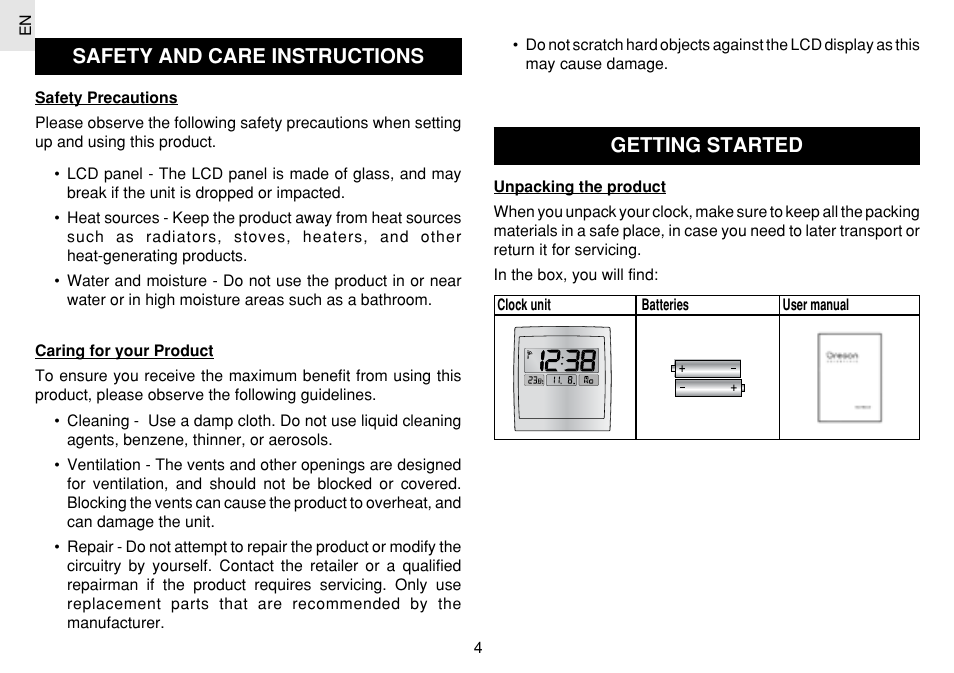 Safety and care instructions, Getting started | Oregon Scientific JM889N User Manual | Page 5 / 106