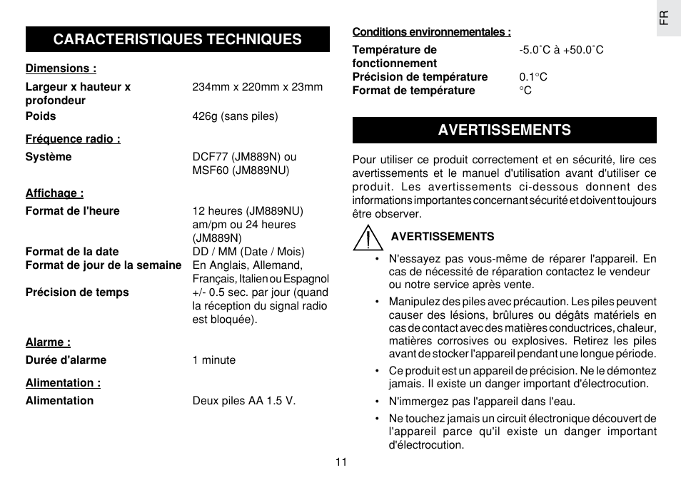 Caracteristiques techniques, Avertissements | Oregon Scientific JM889N User Manual | Page 51 / 106