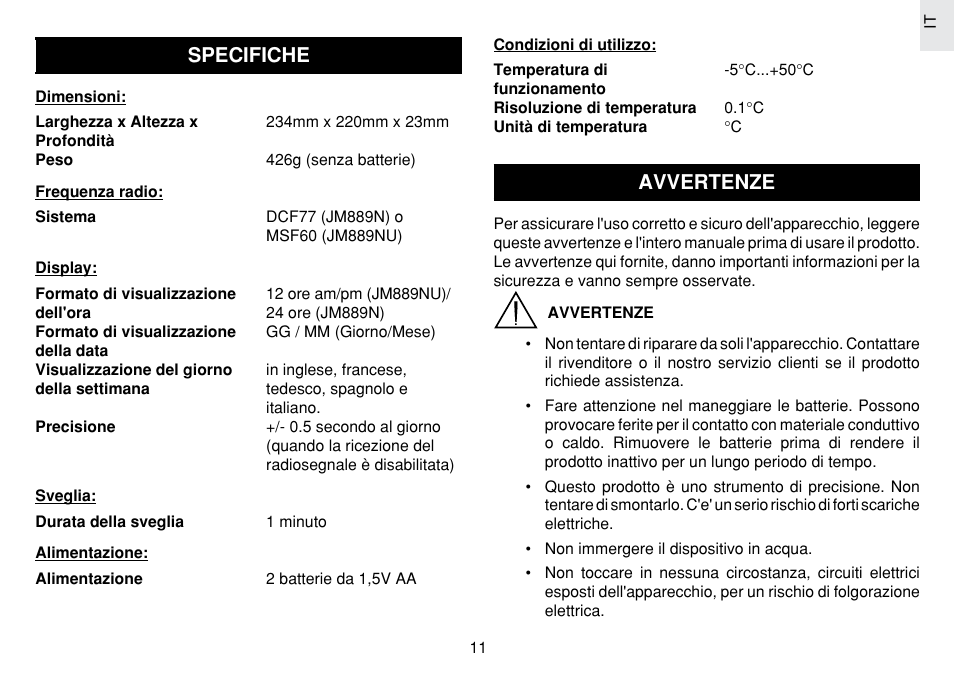 Specifiche, Avvertenze | Oregon Scientific JM889N User Manual | Page 64 / 106