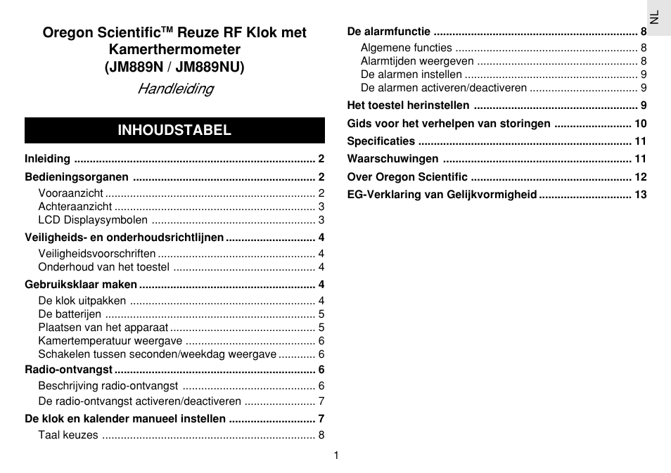 Handleiding, Oregon scientific, Inhoudstabel | Oregon Scientific JM889N User Manual | Page 67 / 106