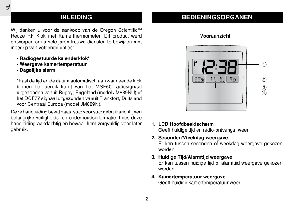 Inleiding, Bedieningsorganen | Oregon Scientific JM889N User Manual | Page 68 / 106