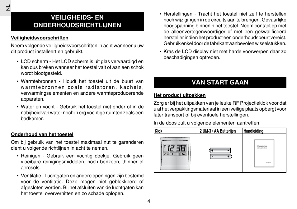 Veiligheids- en onderhoudsrichtlijnen, Van start gaan | Oregon Scientific JM889N User Manual | Page 70 / 106