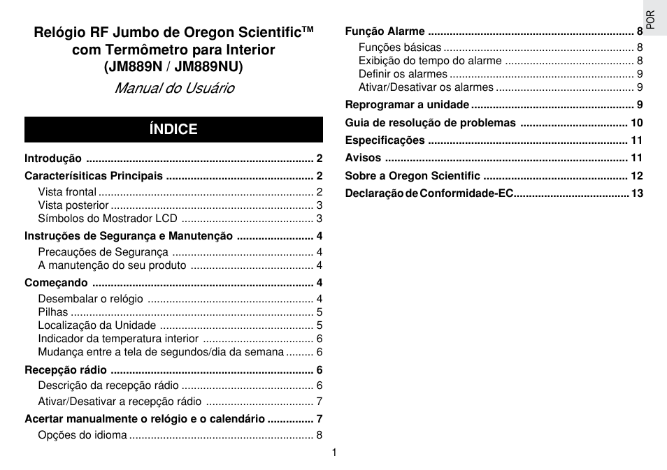 Manual do usuário, Relógio rf jumbo de oregon scientific, Índice | Oregon Scientific JM889N User Manual | Page 80 / 106
