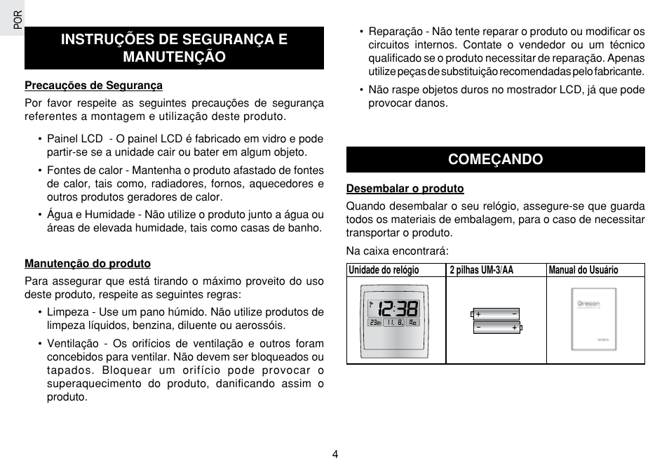 Instruções de segurança e manutenção, Começando | Oregon Scientific JM889N User Manual | Page 83 / 106