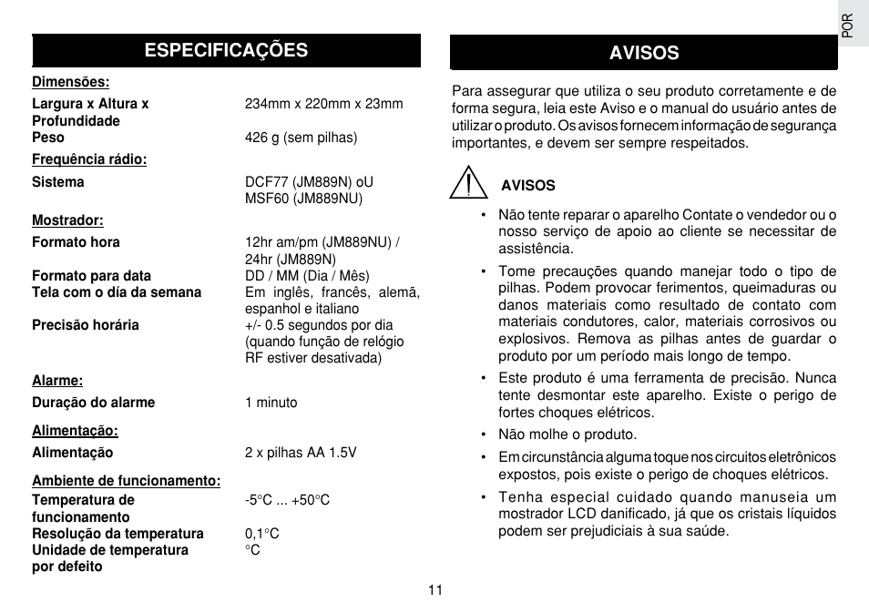 Especificações, Avisos | Oregon Scientific JM889N User Manual | Page 90 / 106