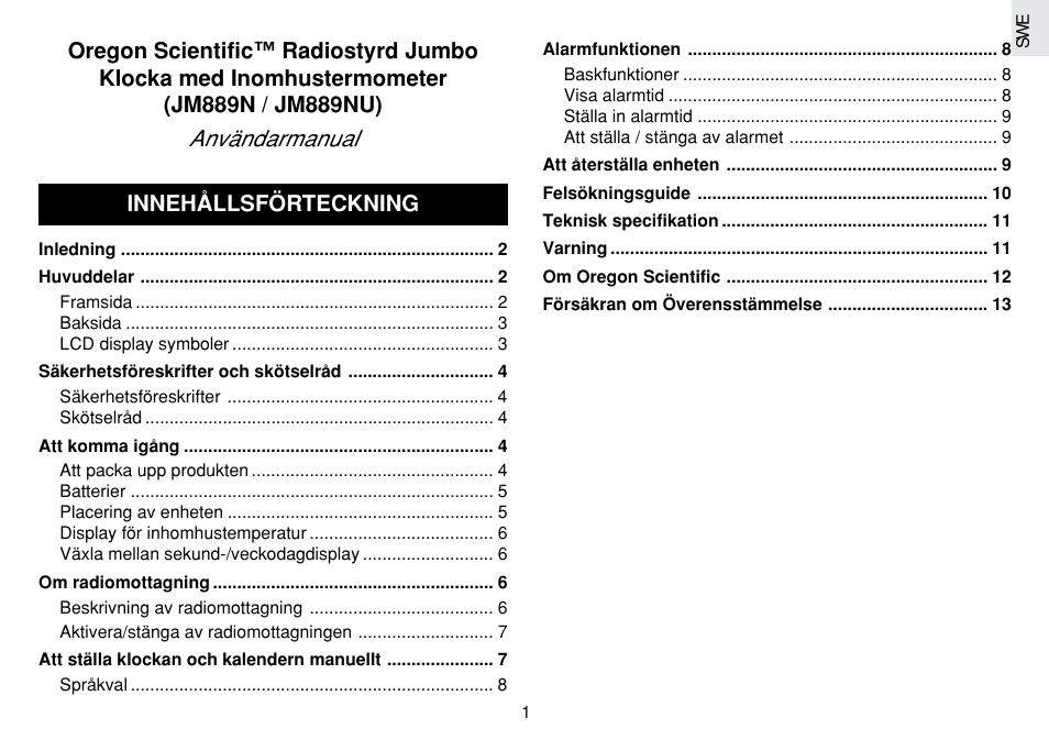 Användarmanual, Innehållsförteckning | Oregon Scientific JM889N User Manual | Page 93 / 106