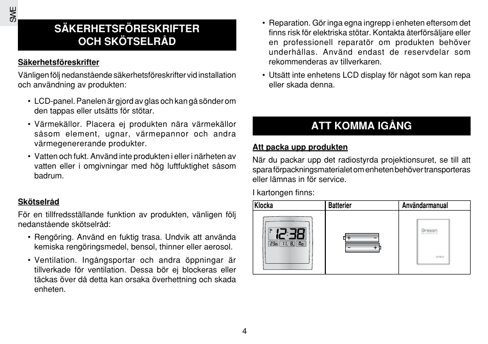 Säkerhetsföreskrifter och skötselråd, Att komma igång | Oregon Scientific JM889N User Manual | Page 96 / 106