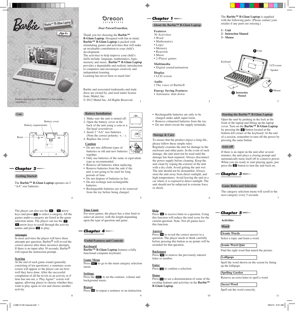 Oregon Scientific Barbie B Laptop LC68-12 User Manual | 2 pages