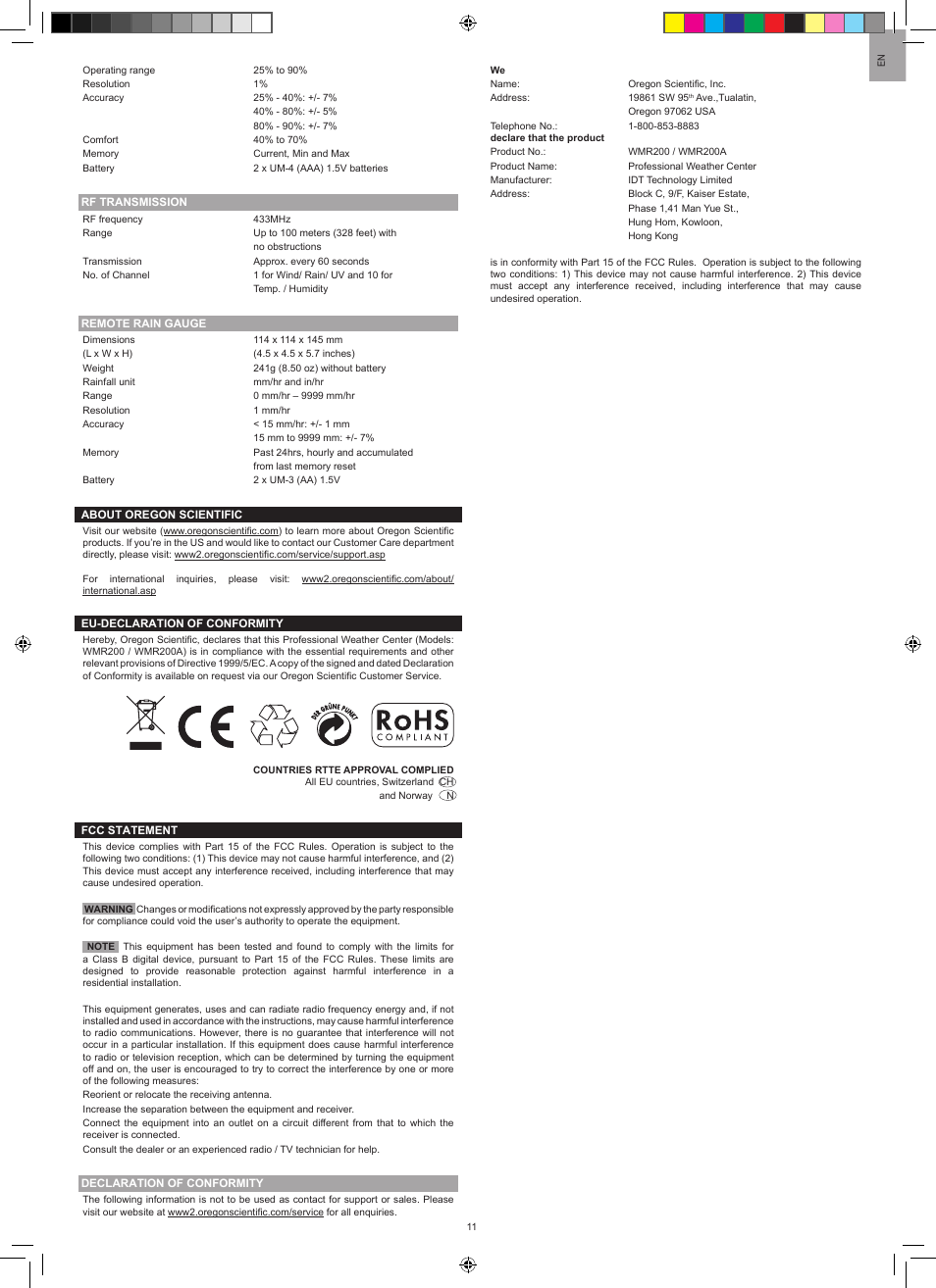 Oregon Scientific PROFESSIONAL WEATHER CENTER WMR200A User Manual | Page 11 / 11