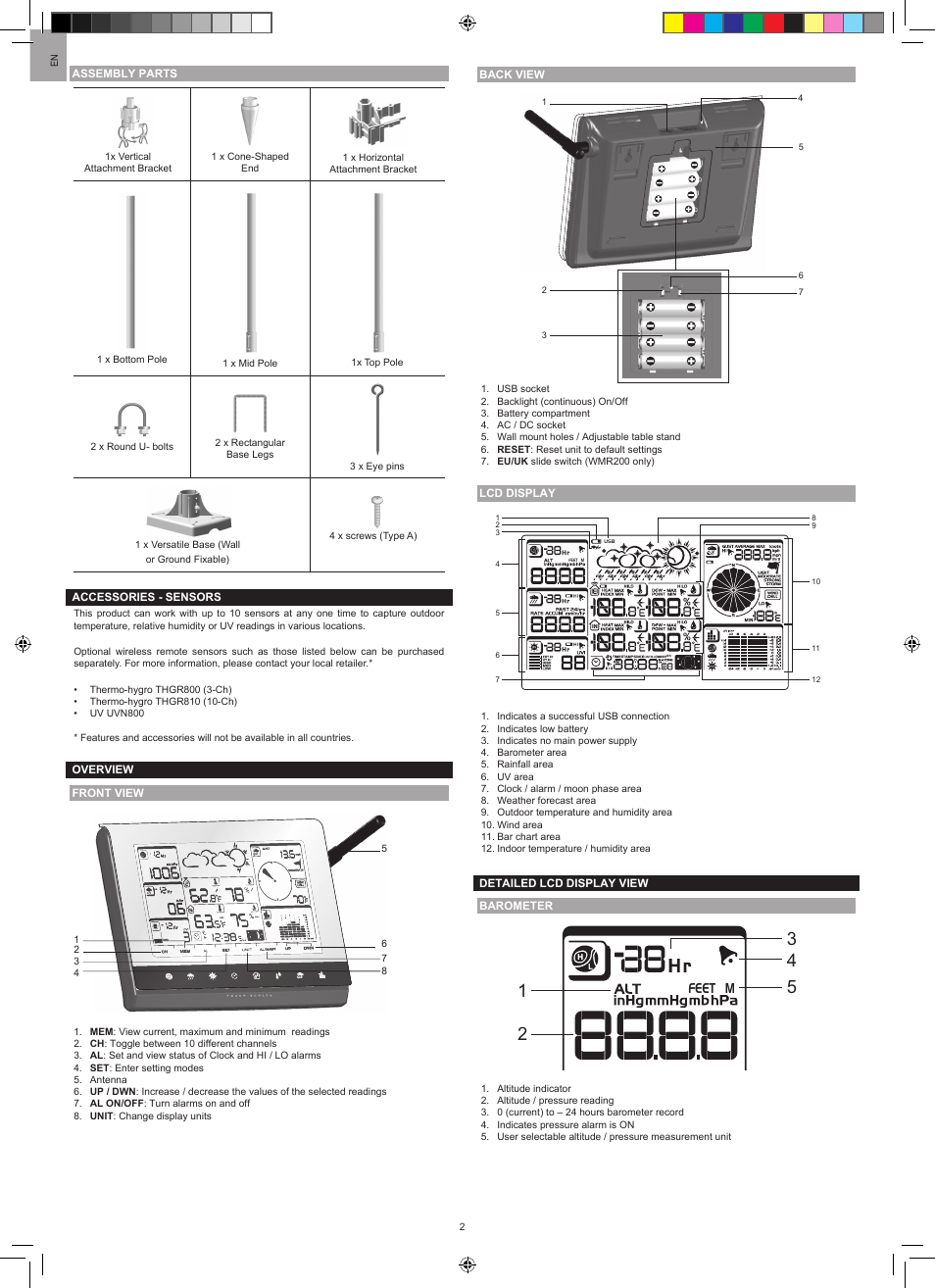 Feet m | Oregon Scientific PROFESSIONAL WEATHER CENTER WMR200A User Manual | Page 2 / 11