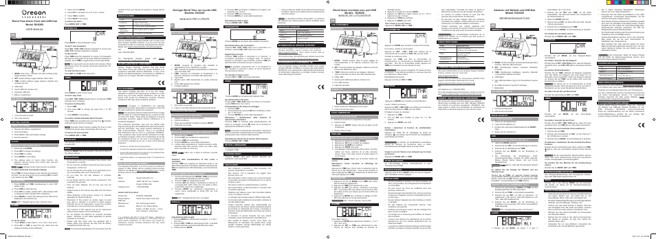 Oregon Scientific World Time Alarm Clock with USB Hub RAS200 User Manual | 2 pages