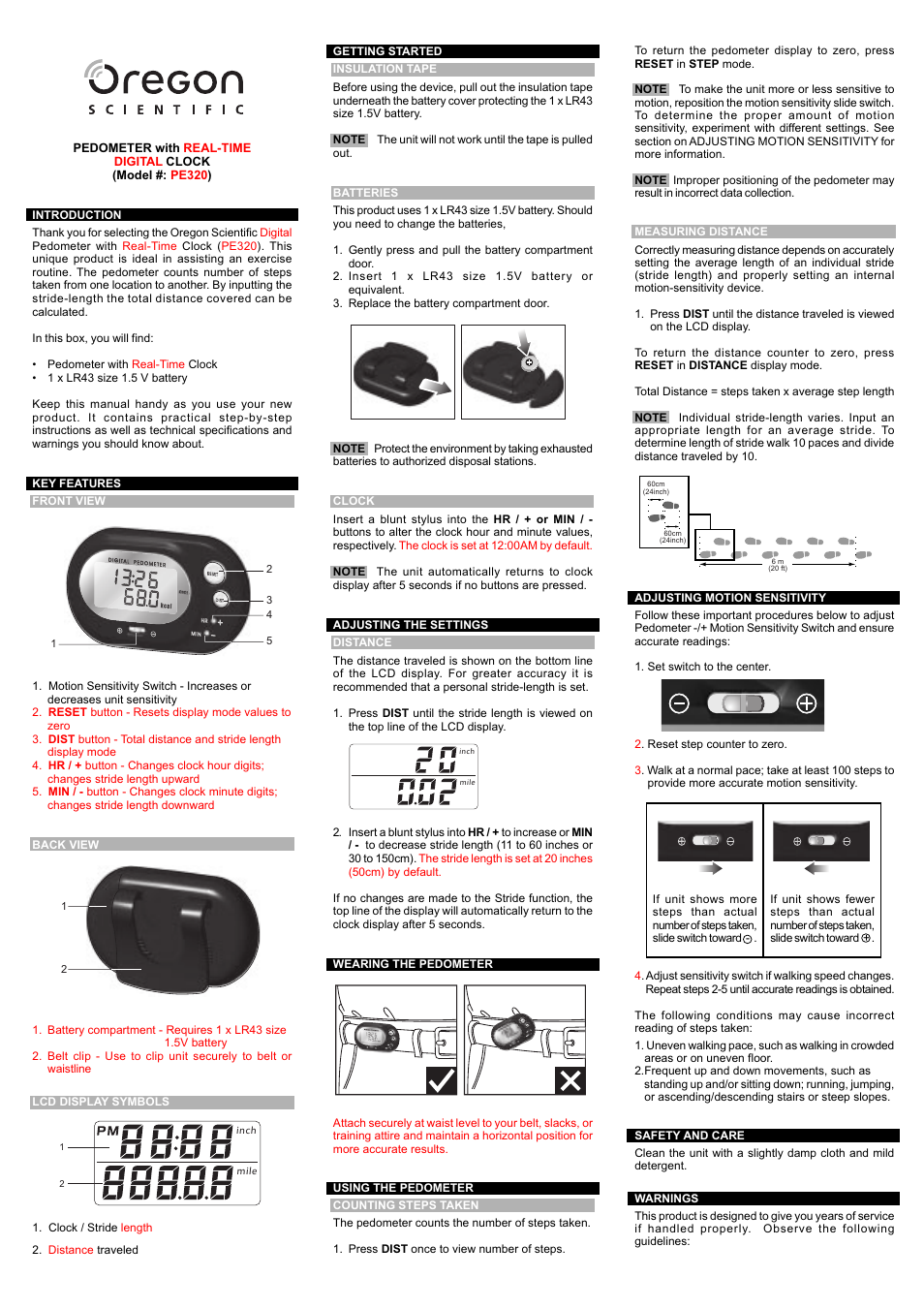 Oregon Scientific PEDOMETER with REAL-TIME DIGITAL CLOCK PE320 User Manual | 2 pages