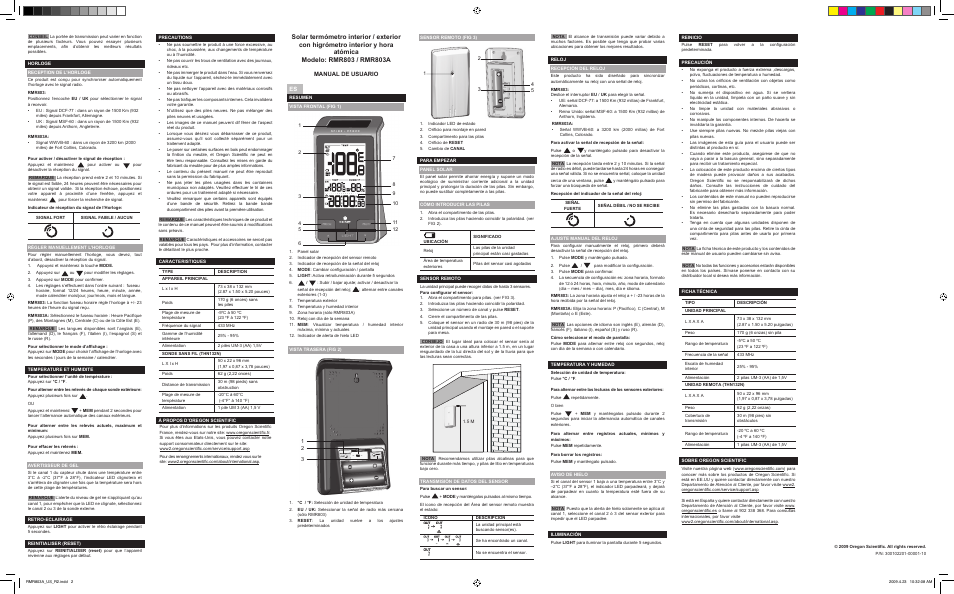 Manual de usuario | Oregon Scientific RMR803A User Manual | Page 2 / 2