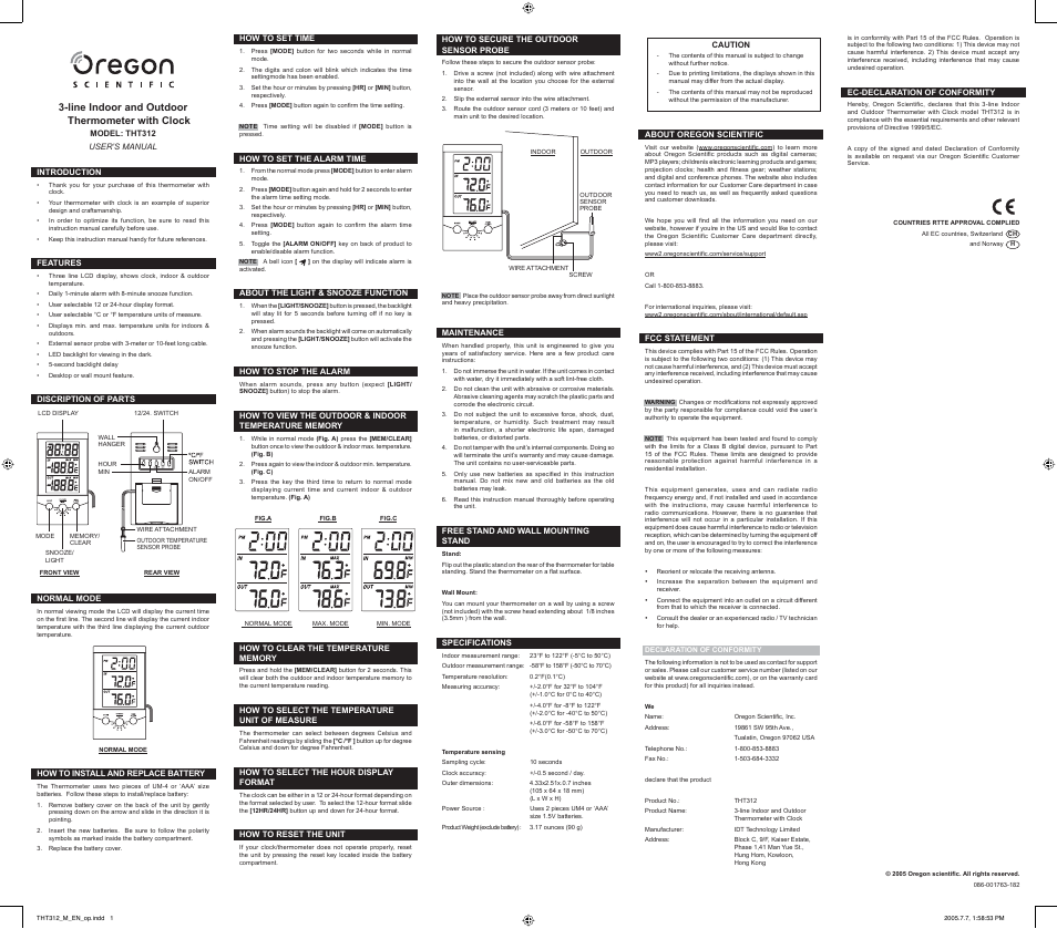 Oregon Scientific THT312 User Manual | 1 page