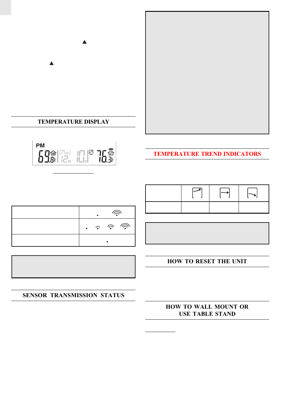 Temperature display, Sensor transmission status, Temperature trend indicators | How to reset the unit, How to wall mount or use table stand | Oregon Scientific Jumbo JMR828A User Manual | Page 4 / 8