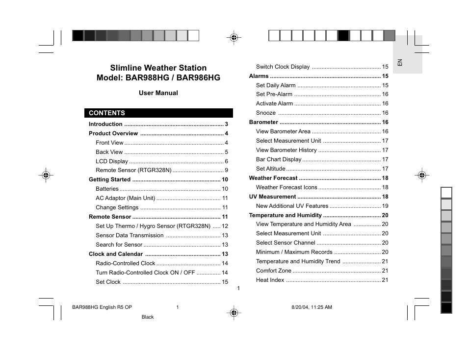 Oregon Scientific Slimline Weather Station BAR988HG User Manual | Page 2 / 28