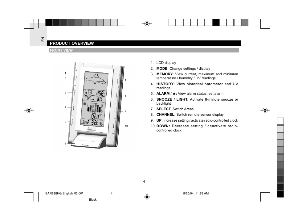 Oregon Scientific Slimline Weather Station BAR988HG User Manual | Page 5 / 28