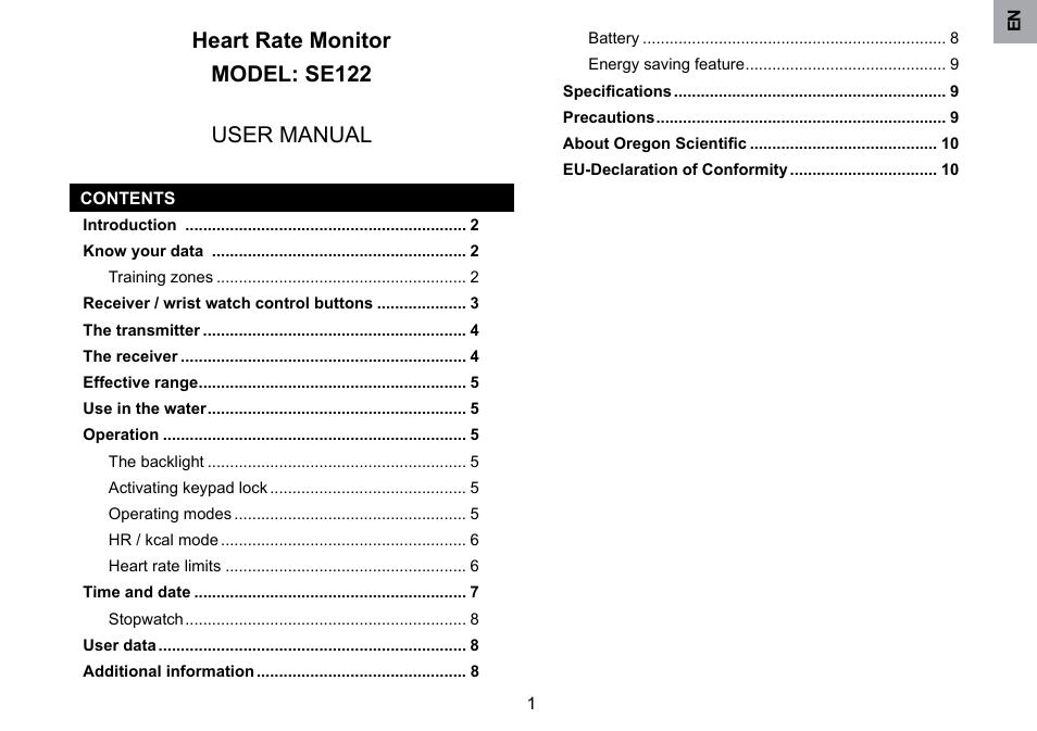 Heart rate monitor model: se122 user manual | Oregon Scientific SE122 User Manual | Page 2 / 85