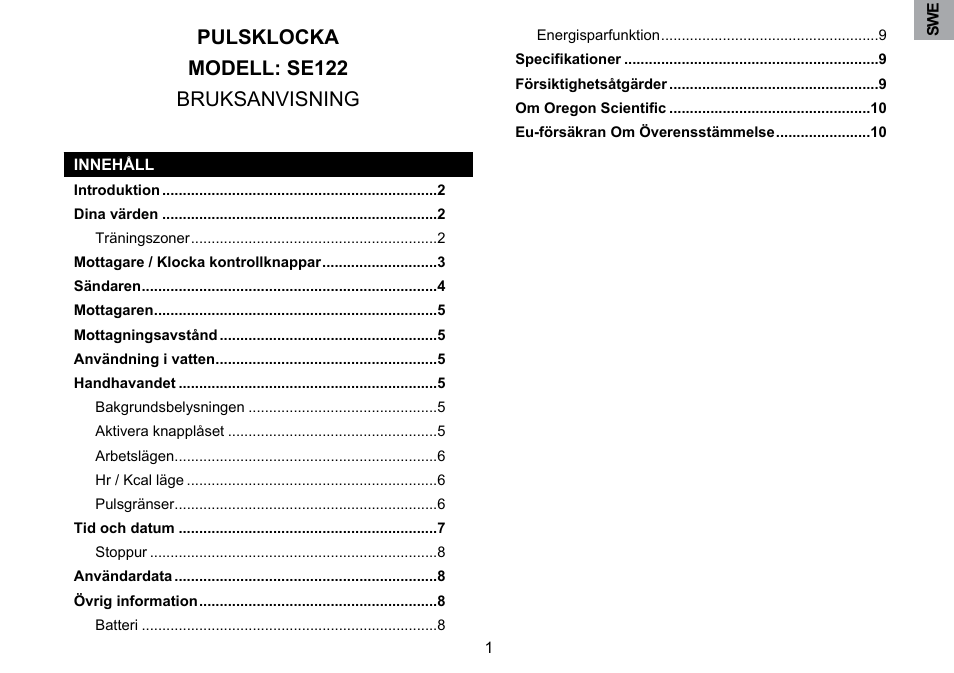 Pulsklocka modell: se122 bruksanvisning | Oregon Scientific SE122 User Manual | Page 75 / 85