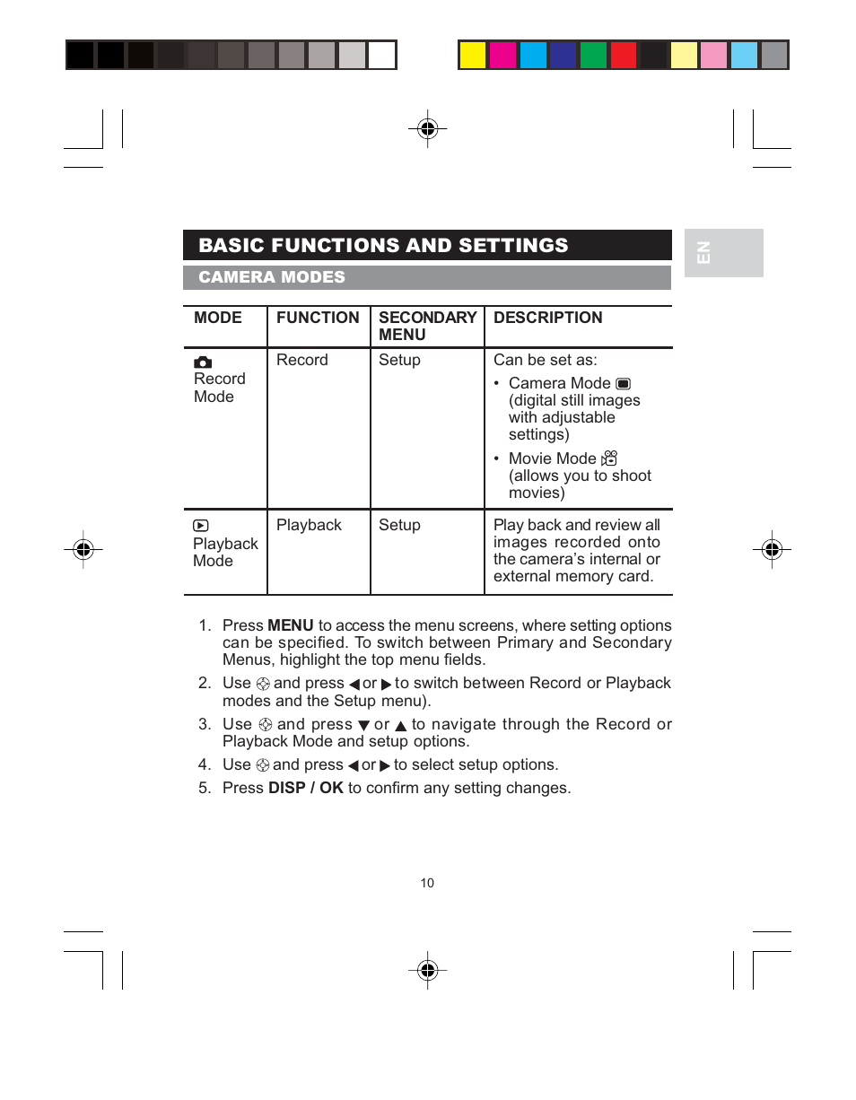 Basic functions and settings | Oregon Scientific 3.0 MEGA-PIXEL DIGITAL CAMERA WITH JUMBO DISPLAY PV 100 User Manual | Page 14 / 42