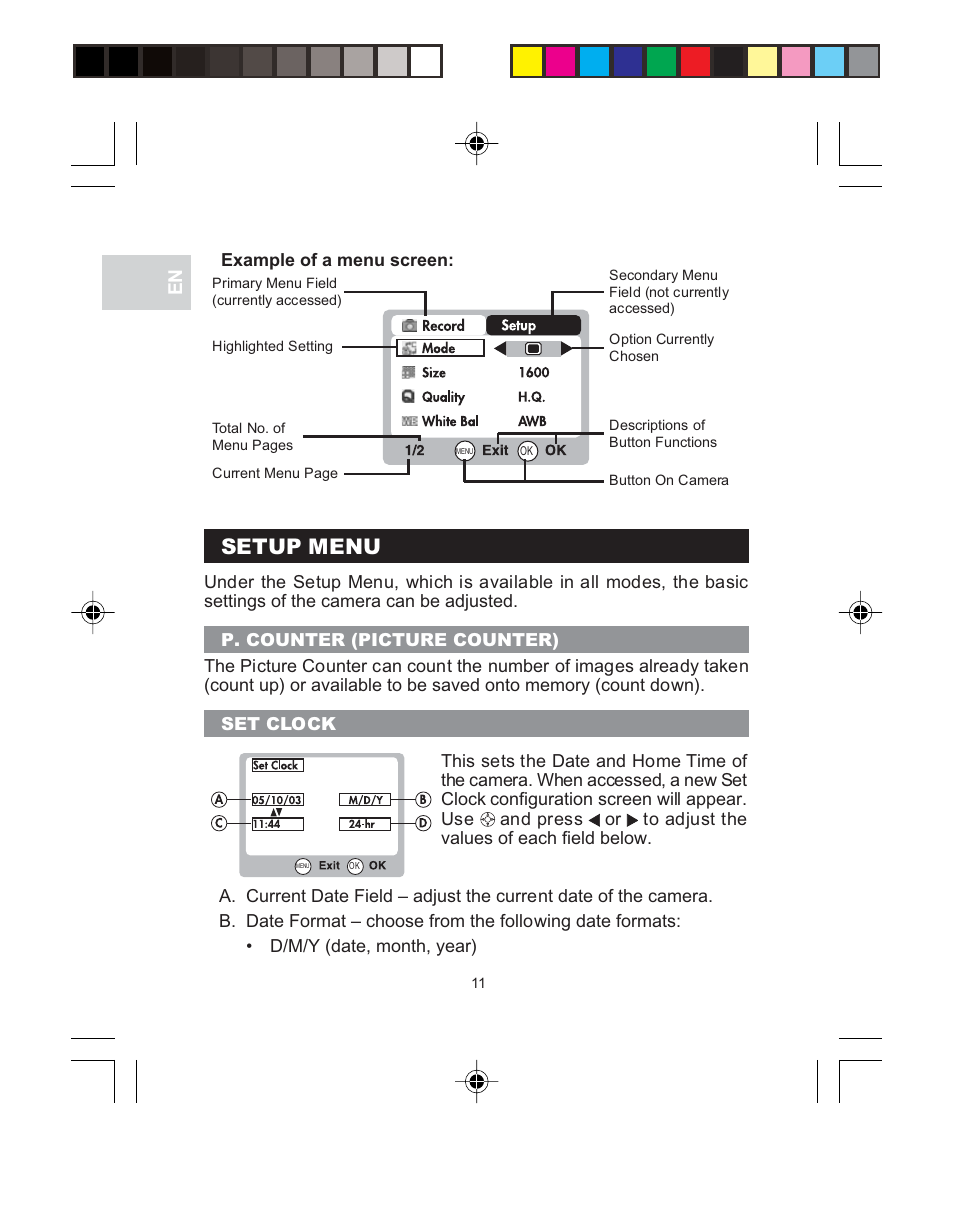 Setup menu | Oregon Scientific 3.0 MEGA-PIXEL DIGITAL CAMERA WITH JUMBO DISPLAY PV 100 User Manual | Page 15 / 42