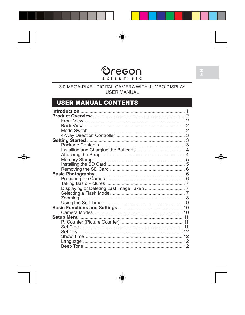 User manual contents | Oregon Scientific 3.0 MEGA-PIXEL DIGITAL CAMERA WITH JUMBO DISPLAY PV 100 User Manual | Page 2 / 42