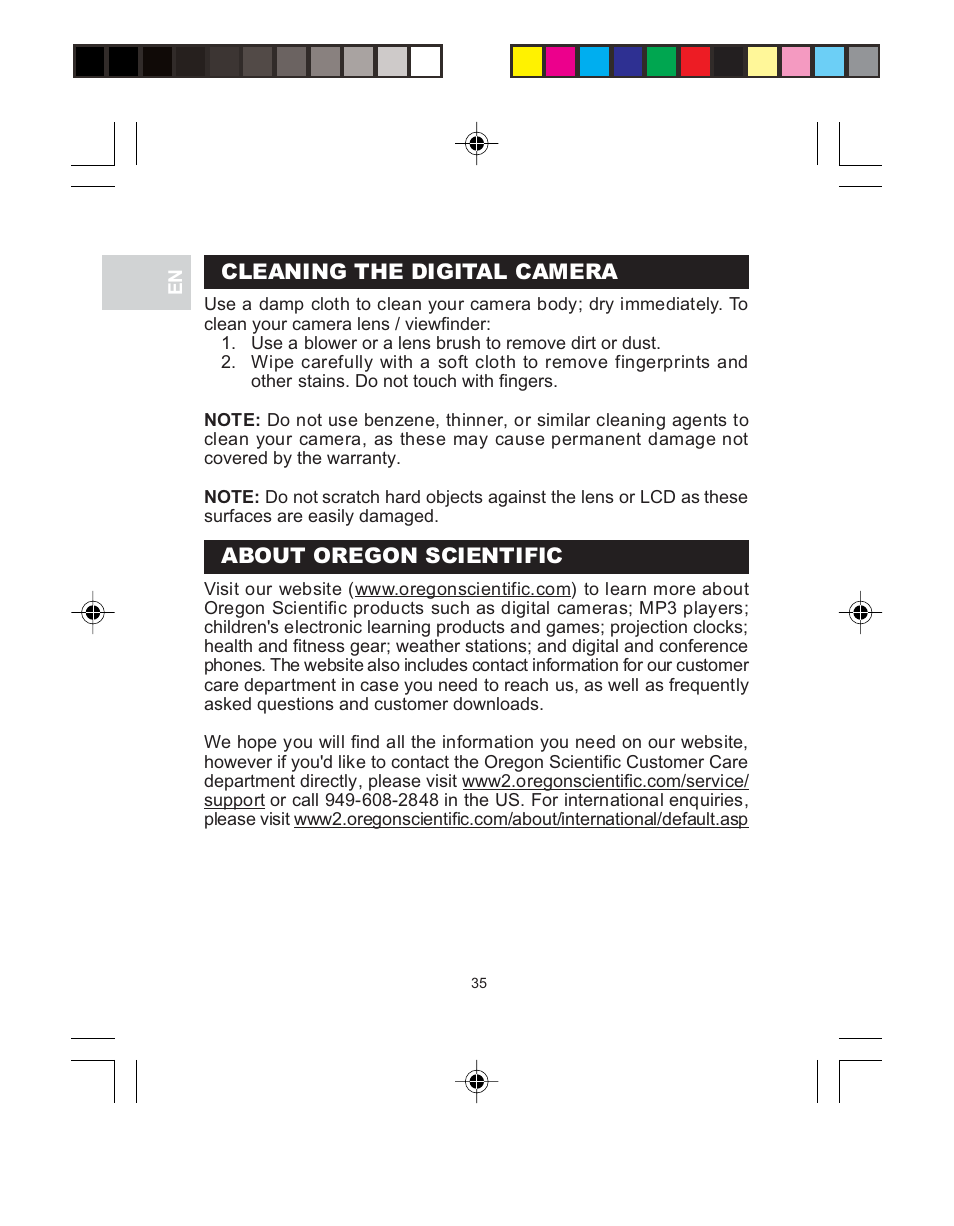 Cleaning the digital camera, About oregon scientific | Oregon Scientific 3.0 MEGA-PIXEL DIGITAL CAMERA WITH JUMBO DISPLAY PV 100 User Manual | Page 39 / 42