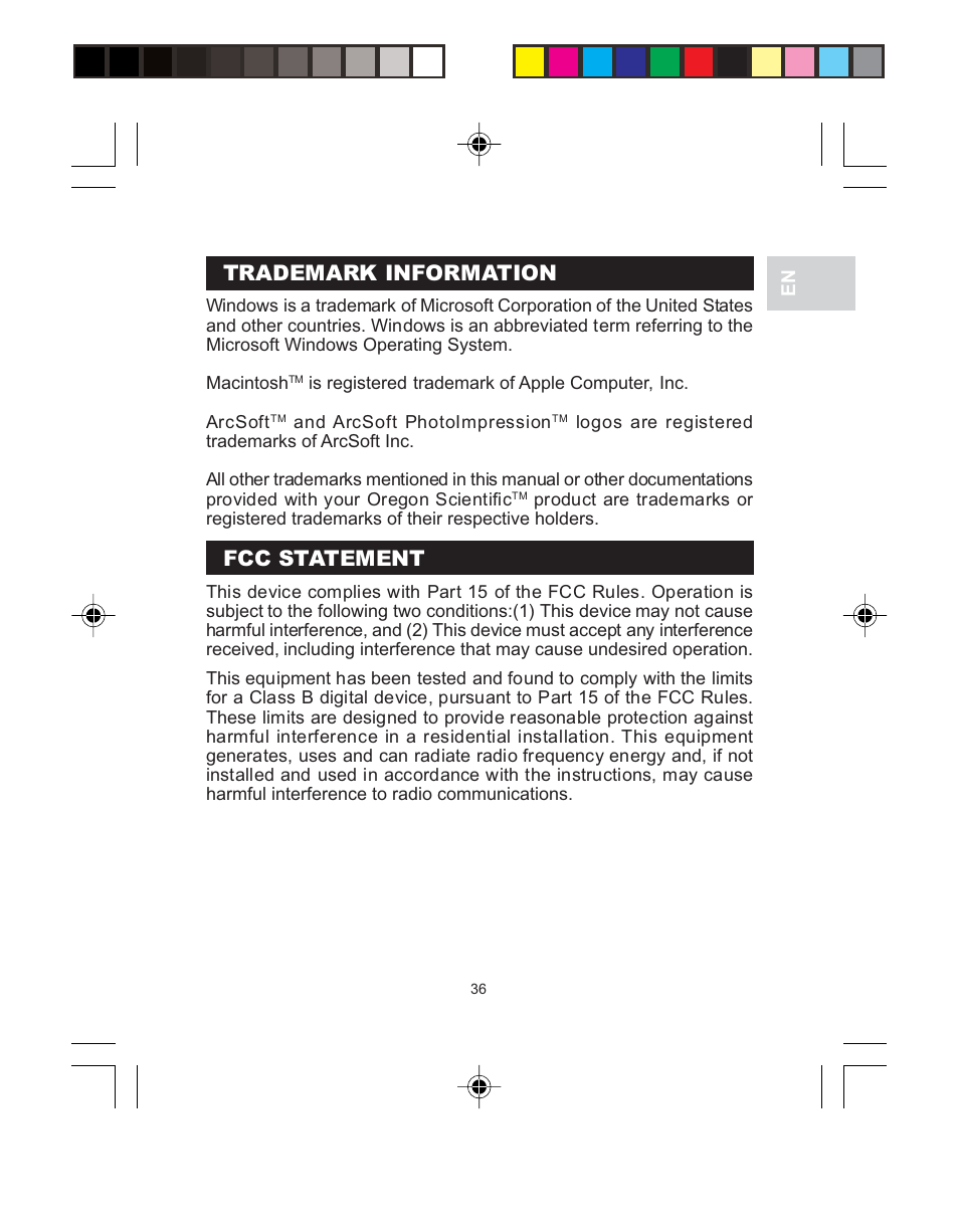 Trademark information, Fcc statement | Oregon Scientific 3.0 MEGA-PIXEL DIGITAL CAMERA WITH JUMBO DISPLAY PV 100 User Manual | Page 40 / 42