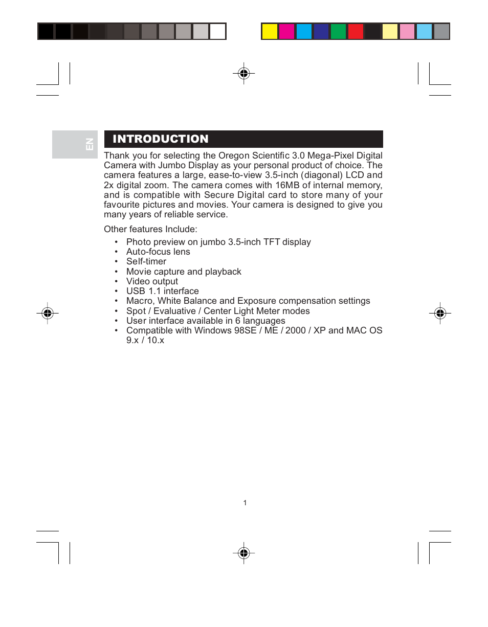 Oregon Scientific 3.0 MEGA-PIXEL DIGITAL CAMERA WITH JUMBO DISPLAY PV 100 User Manual | Page 5 / 42